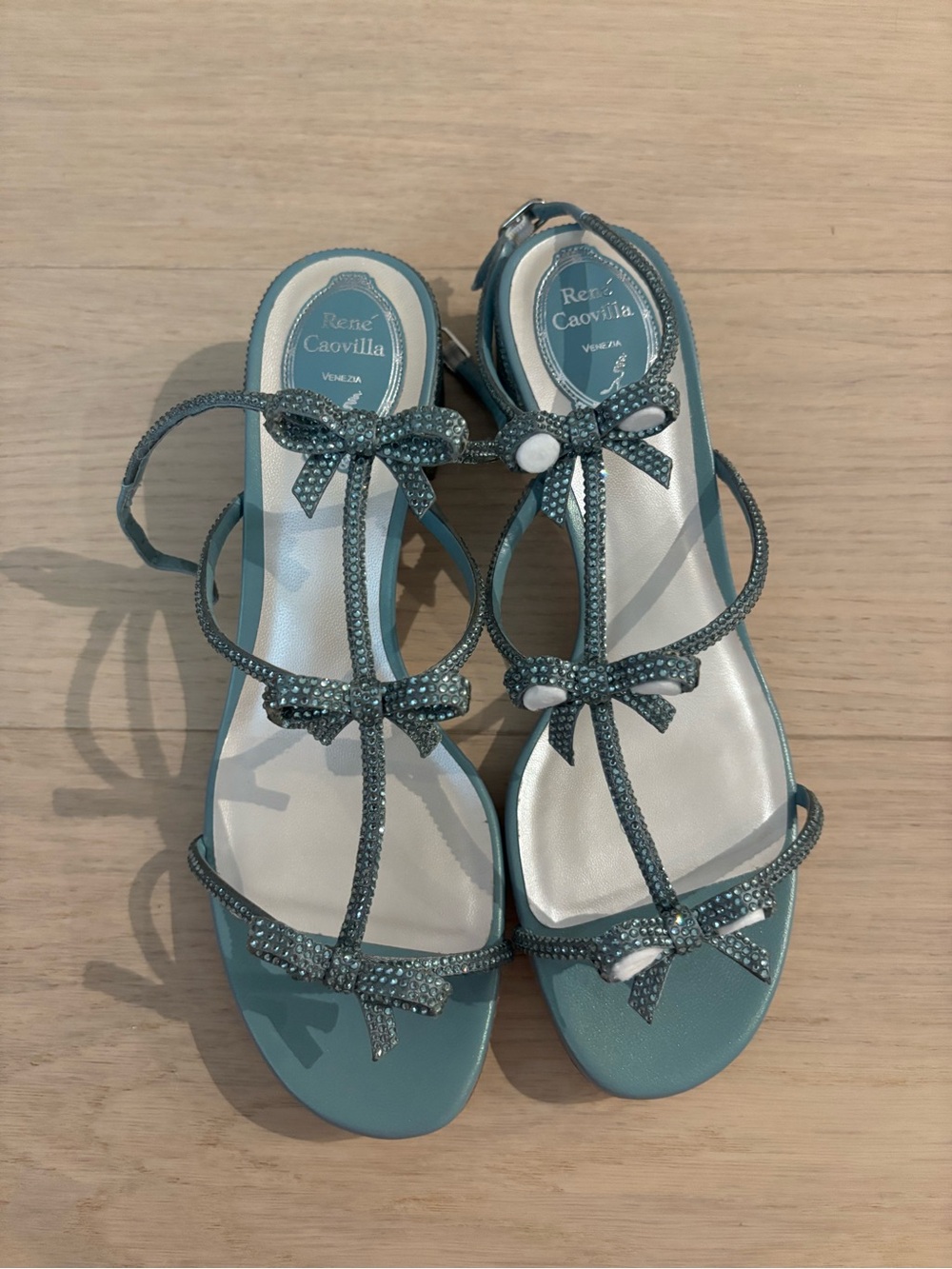 Rene Caovilla Teal Crystal Bow T-Strap Sandals